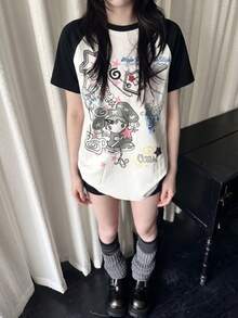 Y2K風格塗鴉印花插肩袖T恤，可愛星星與愛心圖案休閒寬鬆女款短袖上衣 白色夏季 - 白色 - 查看 1