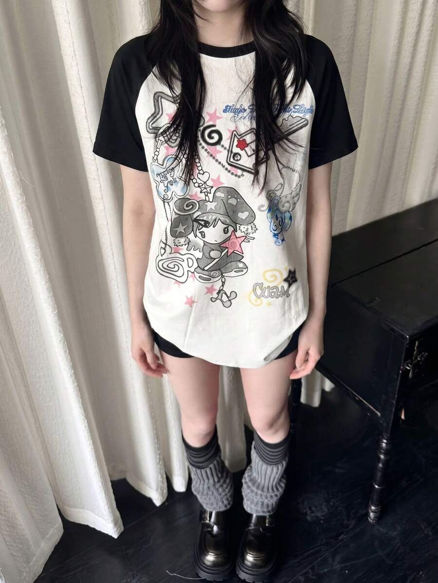 Y2K風格塗鴉印花插肩袖T恤,可愛星星與愛心圖案休閒寬鬆女款短袖上衣 白色夏季 - 白色 - 查看 1