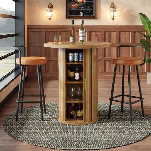 Round Bar Table With Storage, 91.6cm High Standing Table With Cabinet, MDF Wood Look, Load Capacity Up To 75kg, For Bar & Living Room - 木頭 - 查看 1
