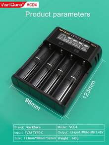 شاحن VariCore 5V2A USB ذكي مستقل، شاحن بطارية ليثيوم أيون 3.7V ب- 2/4 فتحة، متوافق مع بطاريات 18650 و14500 و16340 و26650 القابلة للشحن - الأسود - مشاهدة 2