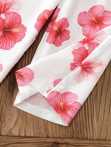 2pcs/Set Girls' Outfit With Large Floral Print, Ruffle Top And Loose Long Pants, Exquisite Ruffle Trim On Neckline And Cuffs, Straight Leg Pants With Elastic Waistband, Comfortable And Fashionable For Spring/Summer - Red and White - View 5