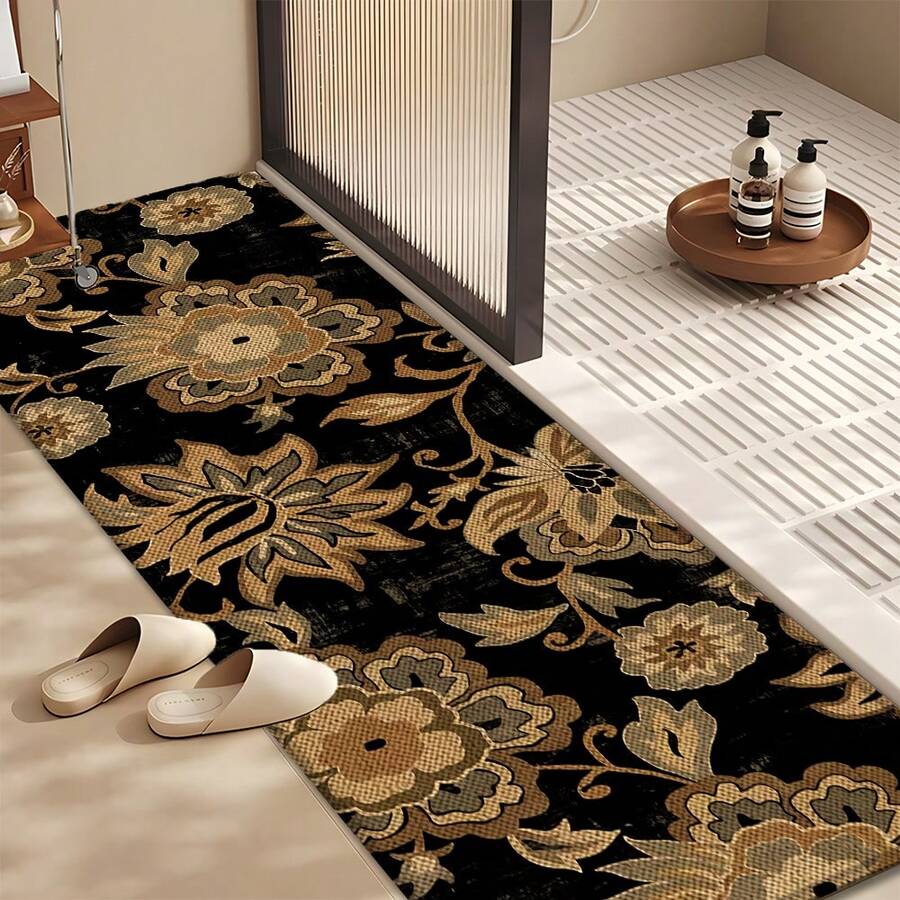 1 pieza, Decoración del hogar, Estampado de patrón floral, Alfombra de cocina de lino, Tapete de cocina, Tapete de piso, Tapete de baño, Tapete de puerta, Impresión 3D rectangular, Adecuado para sala de estar, dormitorio, pasillo, baño, lavandería - Alfombra de poliéster, Adecuado para decoración del hogar interior y exterior - Multicolor - Ver 1