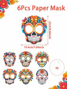 6pcs Mexican Day Of The Dead Sugar Skull Paper Mask, Vibrant Marigold Pattern Skull Cutouts,Party & Home Decor,Altar, Offering & Halloween Display,Mexican Day Of The Dead Altar Decor,Photo Props, May 5th Use,Party Backdrop - Multicolor - View 12