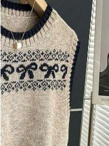 女款無袖圓領針織背心上衣，圖案印花設計，適合秋冬穿搭，秋季外出穿搭上衣 - 駝色 - 查看 6