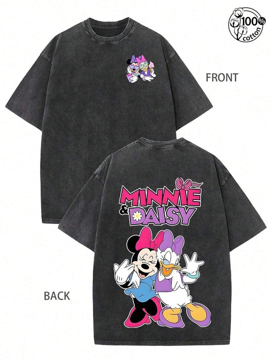 T-shirt Minnie et Daisy, meilleures amies, imprimé recto verso double face, style vintage, en coton délavé, Disney, style décontracté pour femmes - Noir - Voir 1