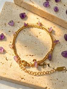 Light Luxury Purple Pendant Double Layer Bracelet 18K Gold Plated Cuban Chain Design Daily Commute / Date Versatile Niche Jewelry (Purple Pendant Size And Shape Vary Randomly) - Purple - View 3
