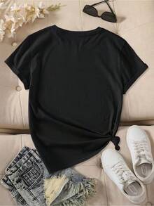 Women's Y2K Style 100% Cotton Short Sleeve T-Shirt, Plus Size, Summer Top, With Hand-Drawn Watercolor Orange Illustration And "Fruit Of The Spirit" Print - 黑色 - 查看 3