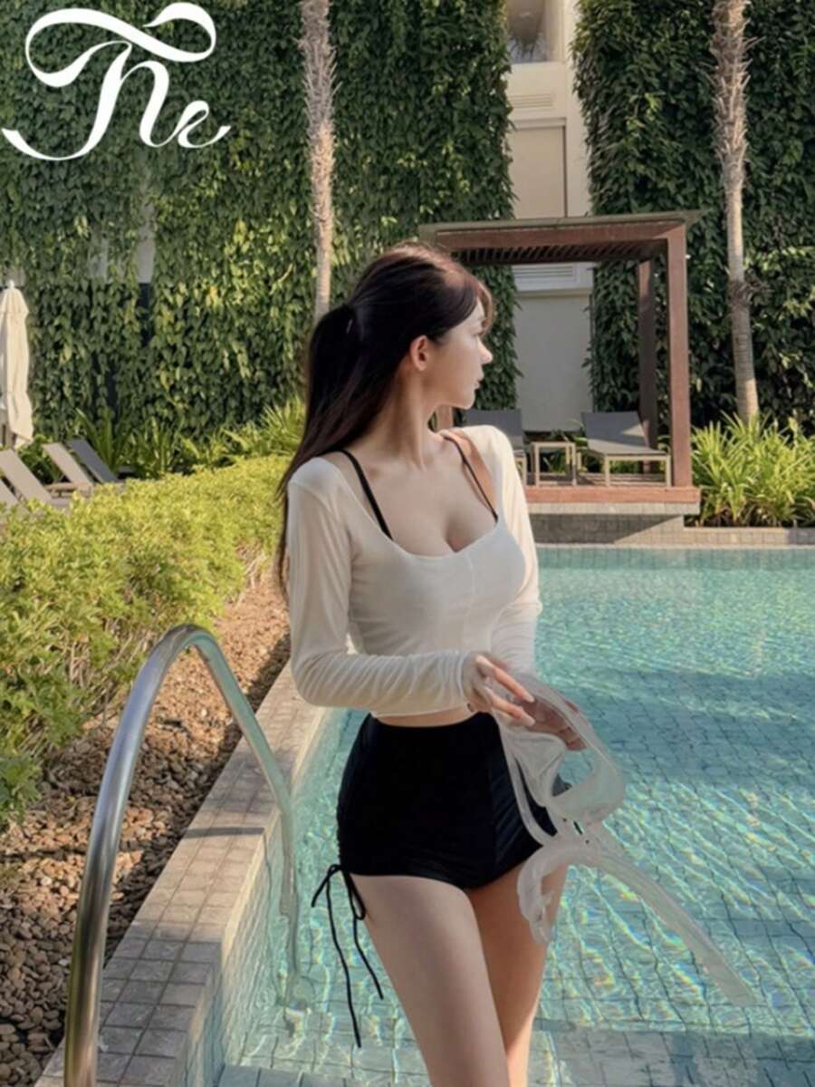 Sexy Bikini Swimsuit For Women, Cute Separates Swimsuit, Rash Guard, Water And Land Use, Modest 3-Piece Swimsuit Set, Slimming, Bust-Enhancing, Body Covering, Resort, Beach, Hot Springs, Date Swimsuit Set - Off White - View 1