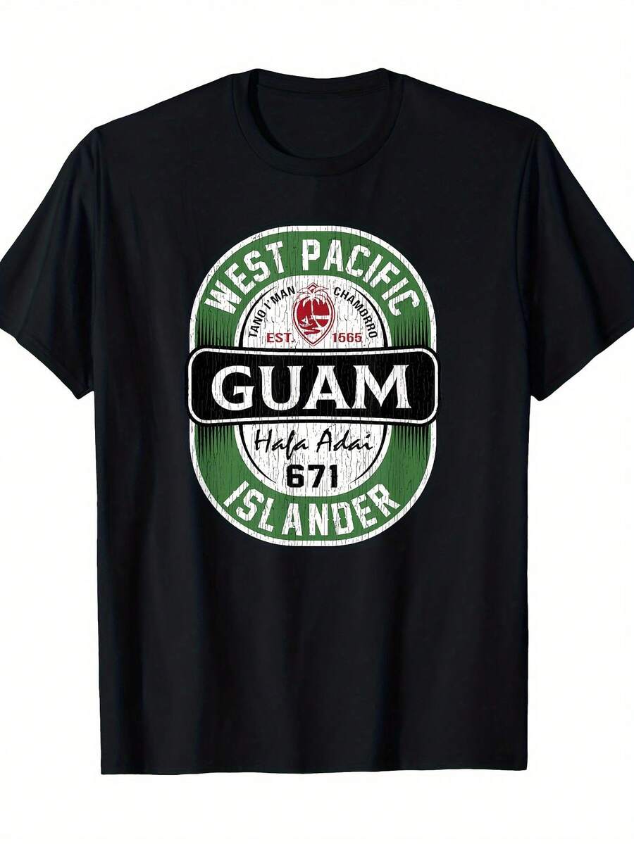 - Tejido casual, diseño de cuello redondo, estilo de islas del Pacífico Occidental, con estampados de "Hello Adventure" y "Islander 67", camiseta de corte regular, adecuada para uso casual. - Negro - Ver 1