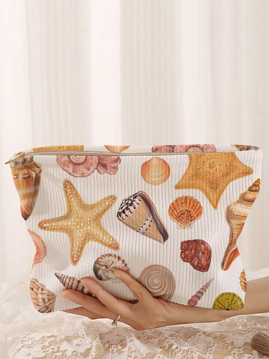 1pc Portable Cosmetic Storage Bag, Shell & Starfish Pattern Double-Sided Print Travel Zipper Makeup Pouch, Multifunctional Toiletry Organizer Bag - Multicolor - View 1
