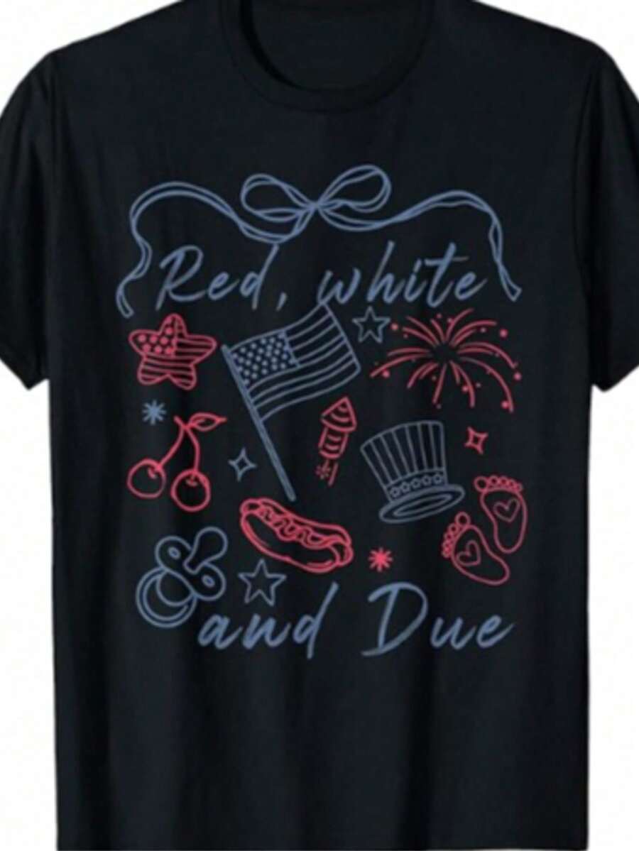 Red, White, And Blue T-Shirt, 4th Of July Pregnancy Reveal T-Shirt, Summer Pregnancy Announcement T-Shirt, Mom-To-Be T-Shirt - 黑色 - 查看 1
