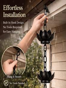 1pc Black Lotus Metal Rain Chain, Wind Chime Iron Art Decoration, For Rainwater Collection, Functional Decorative Hanging Chain, Iron Craft Decorative Ornament, Suitable For Outdoor Garden Yard Patio Decoration - Lotus - View 7