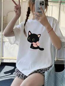 夏季新款 Gen Z 風格女款可愛小貓印花圓領短袖休閒白色 T 恤 - 白色 - 查看 8