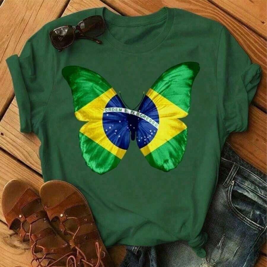 Camiseta Feminina Brasil T-Shirt Borboleta Bandeira Blusa Copa - verde bandeira - Visão 1