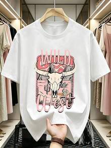 Women's Wild West Bull Skull Graphic T-Shirt, Western Casual Style, Desert Landscape Print, Short Sleeve, Casual Blouses For Ladies - 白色 - 查看 2