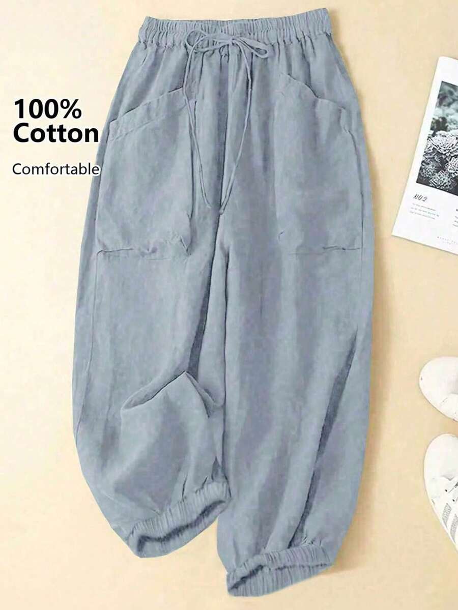 Pantalones casuales sencillos de bolsillo con lazo al frente de unicolor en talla grande, uso casual diario - Celeste - Ver 1