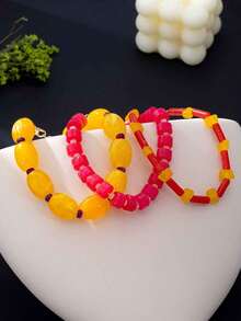 3pcs/Set Fashion Design Rose Red Millet Bead Anklet, Unique Handmade Beaded Anklet For Women, Beach Vacation And Daily Wear - Multicolor - View 3