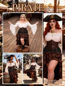 Christmas Artistic Asymmetric High-Low Hem Medieval Pirate Queen Corset Pleated Long Dress Sailor Cosplay Costume Autumn - Apricot - View 4
