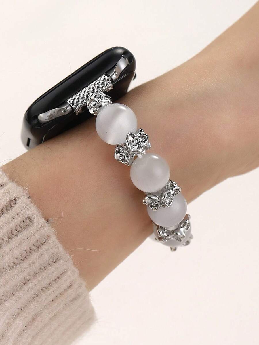 Minimalistisches Katzenaugen-Stein-Perlen-Design, geeignet für Apple Watch, tägliches exquisites Uhrenaccessoire Dekoration - Weiss - Übersicht 1
