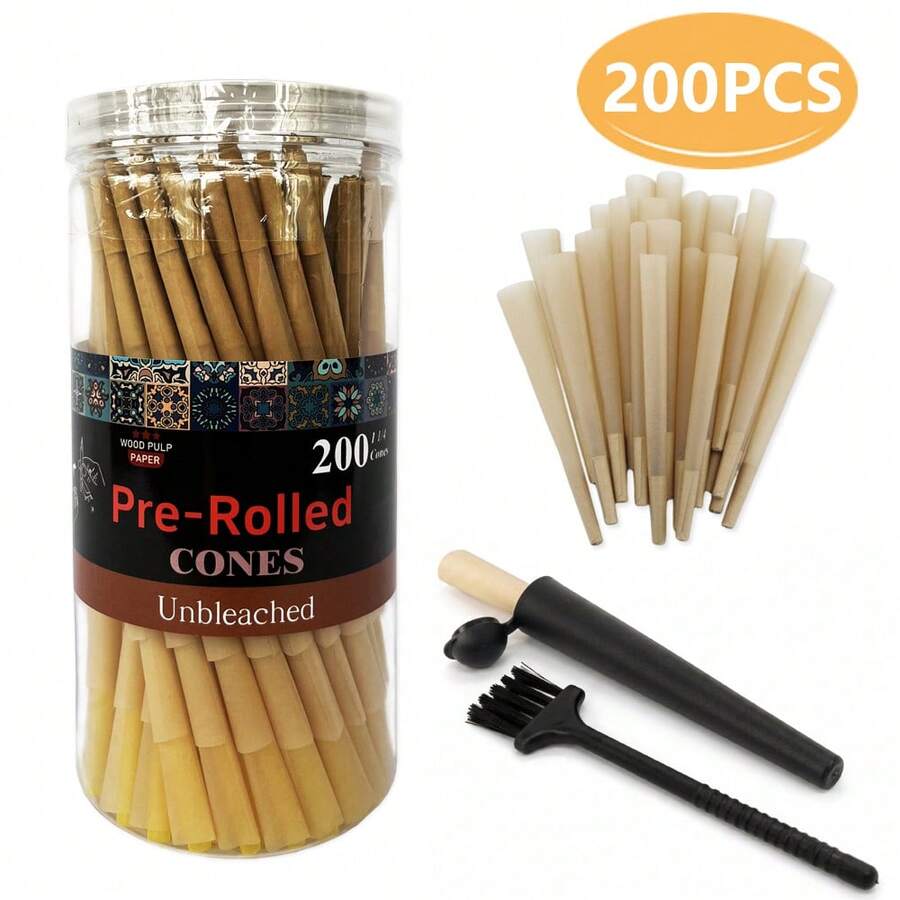200pcs Unbleached 1 1/4 Size Pre-Rolled Papers With Filter Tips, 84mm Pre Rolling Cones With Filling Device - As Pic - View 1