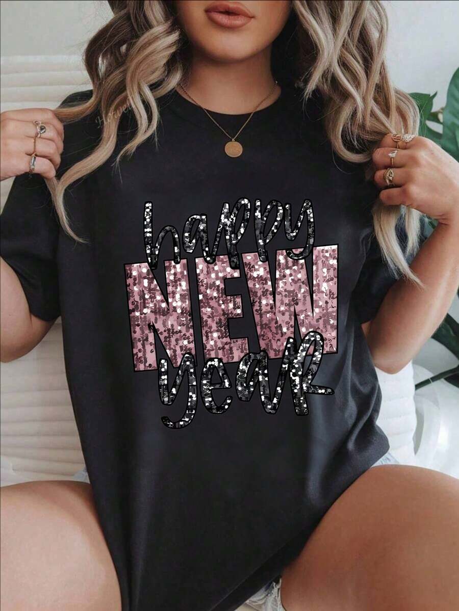 Camiseta Casual de Moda para Mujer con Diseño de Estampado Brillante de Feliz Año Nuevo, Adecuada para Todas las Temporadas
-Blanco - Negro - Ver 1