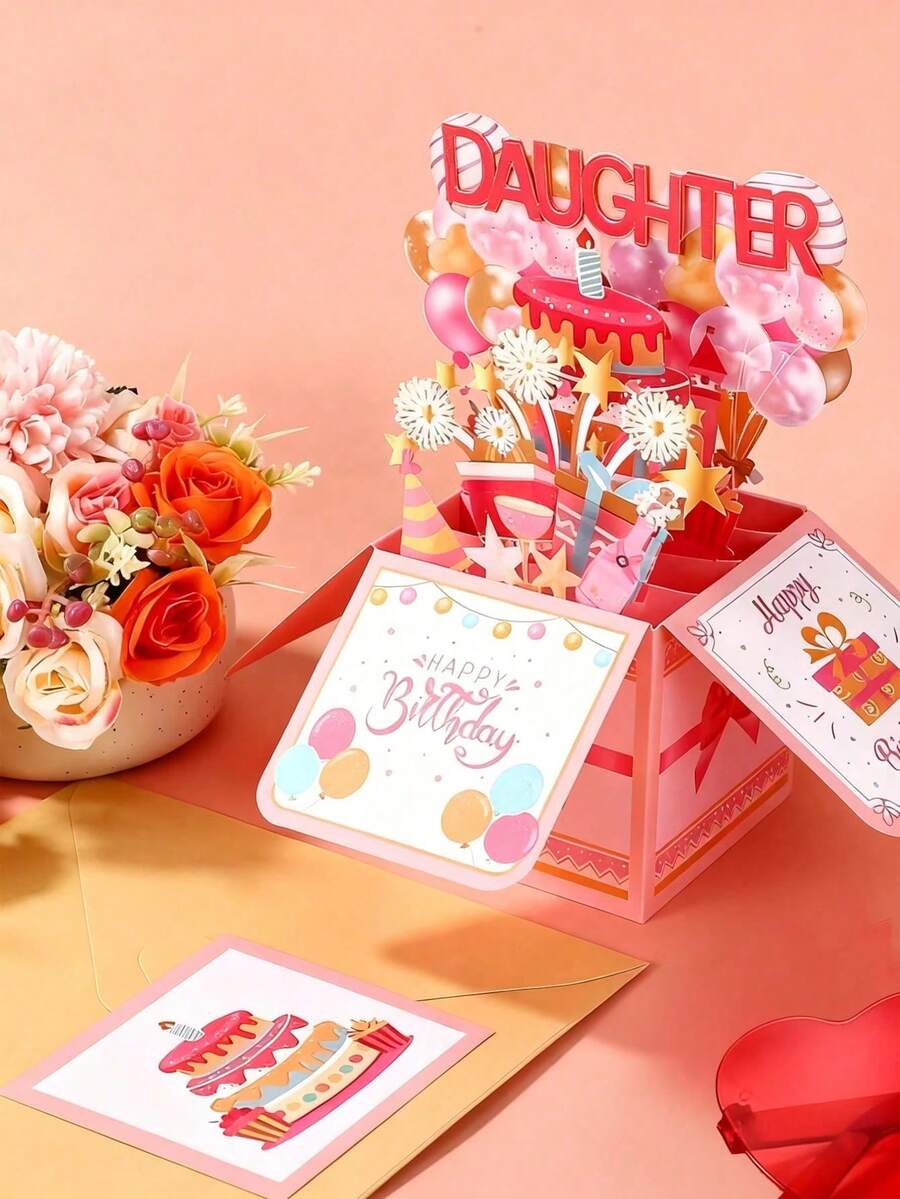 3D Pop-Up Birthday Card For Daughter, Birthday Surprise Explosion Box With Cake, Balloons And Party Decorations, Commemorative Gift For Daughter - Multicolor - View 1