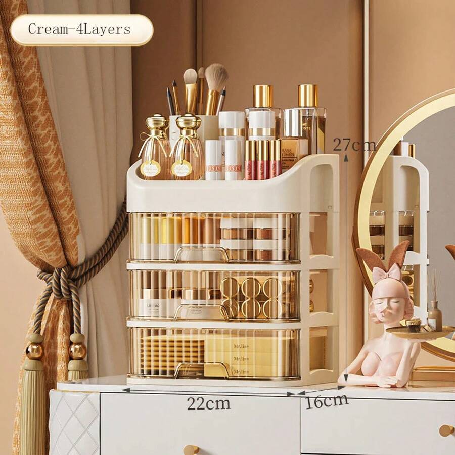 Caja de almacenamiento de cosméticos de gran capacidad, cajón transparente, caja de almacenamiento de maquillaje de joyería, organizador de escritorio multifuncional multicapa - Crema - 4 capas - Ver 1