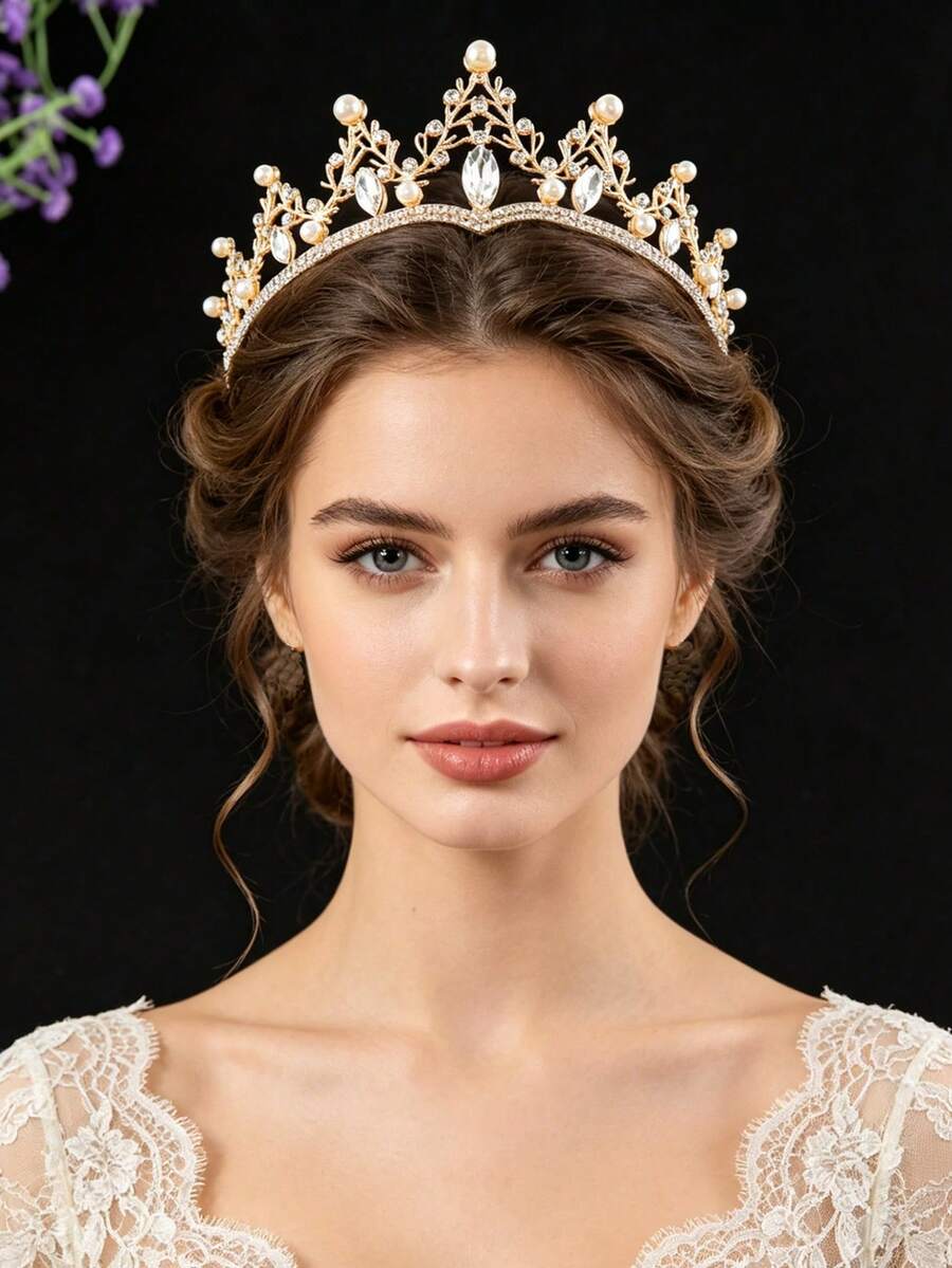 1pc Fashion Rhinestone Glass Alloy Crown Bridal Wedding Headpiece Holiday Birthday Party Women Accessory - Gold - View 1
