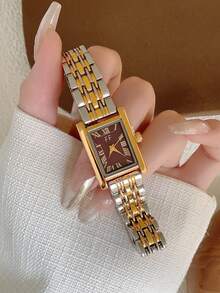 1pc Rectangular Dial Women's Quartz Watch, Roman Numeral Design, Suitable For Daily Wear, Ideal Gift Choice - Silver and Gold - View 3