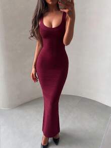 Women's Fashion Summer Sexy Elegant Backless Spaghetti Strap Red Long Ribbed Bodycon Bandage Dress, Evening Party Cocktail Nightclub Dress - Burgundy - View 9