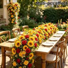 2pcs Artificial Sunflower Yellow Red Rose Vine 90.9 Inch, Easy To Hang Faux Floral Garland, Suitable For Outdoor Garden Wedding Arch Ceiling Message Wall Staircase Hotel Decoration - Multicolor - View 5