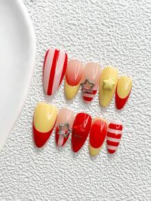 10pcs Fashion Handmade Press-On Nails, Polygel Nail Art Set, Striped Hollow & Star Design, Yellow-Red Color Scheme, Pink Nail Polish, Unique Style, Includes Nail Tools, 3 Sizes Available, Almond, Duck, Coffin Shape, Suitable For Party, Dancing, Daily Wear - 彩色 - 查看 3