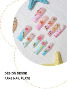 Change Your Nails 24片長款長方形海洋主題穿戴式假指甲，粉藍漸層3D海星與海豚美甲，夏日度假風，適合女孩日常/海邊/音樂節，附指甲銼刀+果凍膠組 - 彩色 - 查看 3