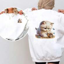 1/2/3pcs Cute Milky White Kitten Heat Transfer Iron-On Patch, Playing With Butterfly Adorable Pet Cat DIY Heat Transfer Sticker, Suitable For Clothing, T-Shirt Making, Pillow Decoration, Apparel Items And Applique - Multicolor - View 5