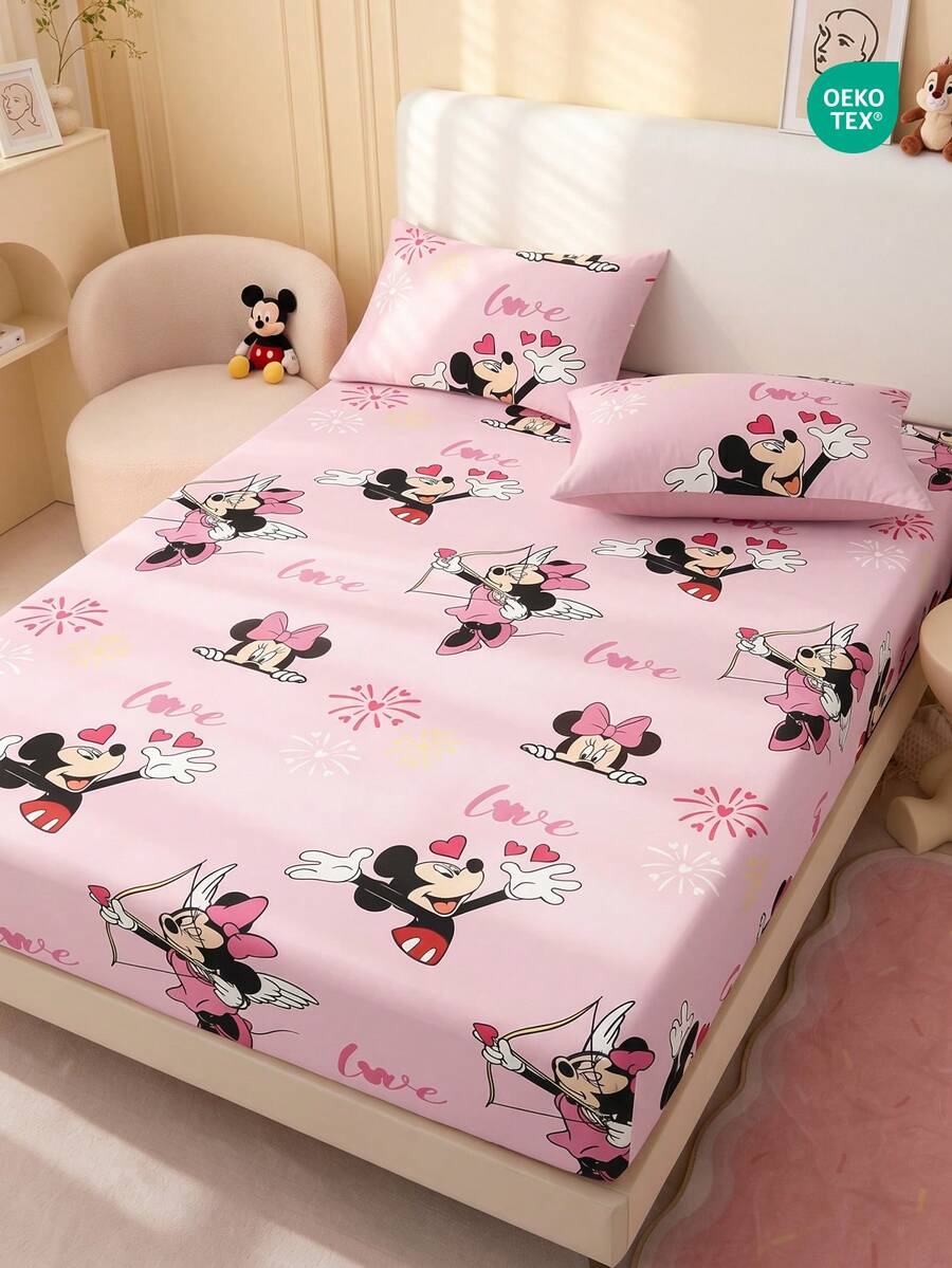 Disney 1件裝迪士尼卡通印花貼身床單（不含枕套），親膚床墊套，可愛卡通床上用品，柔軟透氣床墊保護套，多款可選，適用於單人/雙人/加大/特大/超大床，可機洗