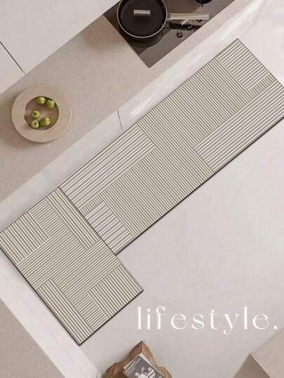 1pc Soft Rubber Absorbent Kitchen Rug, 3.5mm Thick Absorbent Mat Large Or Small Rug, Beige And Light Brown Low Saturation Earth Tone Color Scheme, Soft And Healing Atmosphere, Suitable For Wooden, Cream, Nordic Style Kitchen, Geometric Patchwork Line Texture, No Extra Decoration, Simple And High-End, With A Sense Of Restrained Order, Wabi-Sabi Style Iconic "Less Is More" Room Decor Rug