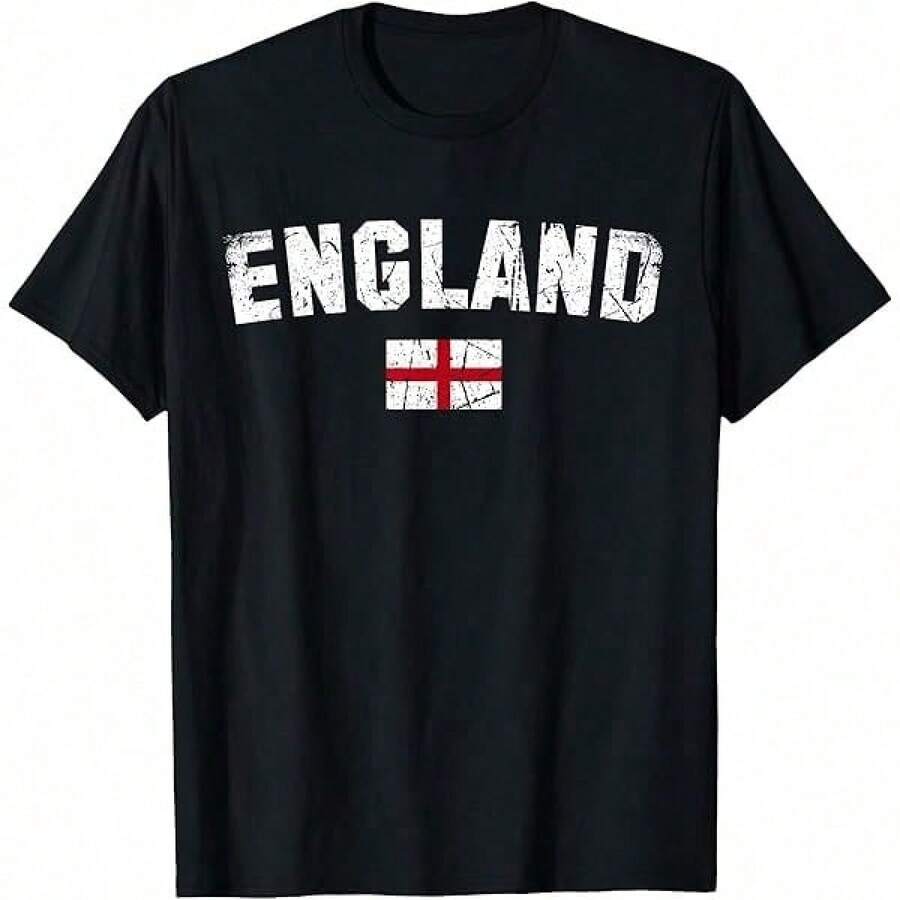 Women's Fashion Graphic Print Short Sleeve T-Shirt, Men's And Women's England Team Cotton Graphic Tees, England T-Shirt, Summer T-Shirts, Top - 黑色 - 查看 1