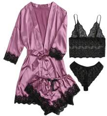 Pijamas sexys para mujer, camisones, lencería, pantalones cortos, camisola de encaje de 4 piezas, conjunto de pijama, bata para el hogar, camisones, ropa de ocio - Negro - Ver 4