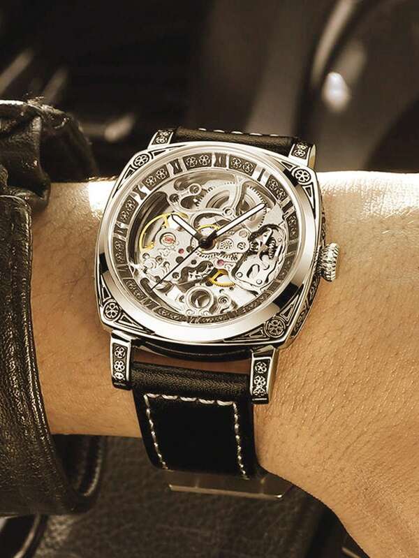 1 pieza Reloj mecánico automático completo para hombre de estilo empresarial con aleación de zinc negro, luminoso y grabado, tourbillon esqueleto, caja de acero inoxidable resistente al desgaste, reloj de cuarzo automático de estilo mecánico clásico simple casual de lujo deportivo de moda empresarial, adecuado para Pascua, Halloween, Navidad, Día del Padre, regreso a la escuela, estudiantes, cumpleaños, vacaciones, Día de San Valentín, citas, negocios, uso diario, regalo, festival de música, temporada de bodas