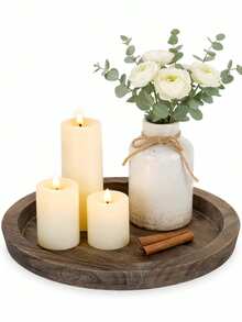 1PC Candle Plate Holder Tray: Round Wood Decorative Candle Plate - Rustic Farmhouse CoffeeTable Decor - Tealight Pillar Trays For Home Decor (Distressed) - A - View 1