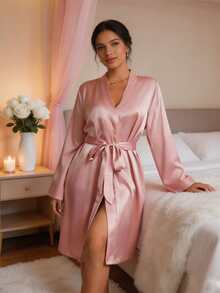 女款緞面皇冠刺繡睡袍,繫帶式奢華居家服,夏季輕盈、秋冬舒適,百搭睡衣/睡裙,適合日常穿著 - 粉色 - 查看 3