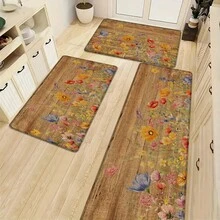 1 pieza, Decoración del hogar, Estampado de patrón floral, Alfombra de cocina de lino, Tapete de cocina, Tapete de piso, Tapete de baño, Tapete de puerta, Impresión 3D rectangular, Adecuado para sala de estar, dormitorio, pasillo, baño, lavandería - Alfombra de poliéster, Adecuado para decoración del hogar interior y exterior - Multicolor - Ver 5