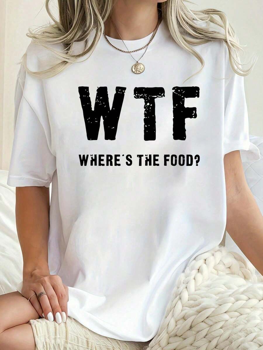 Camiseta Blanca de Manga Corta de Talla Grande para Mujer con Estampado Atrevido de "WHERE'S THE FOOD", Estilo Casual Chic, Camiseta Declarativa para Amantes de la Comida, Perfecta para Uso - Blanco - Ver 1