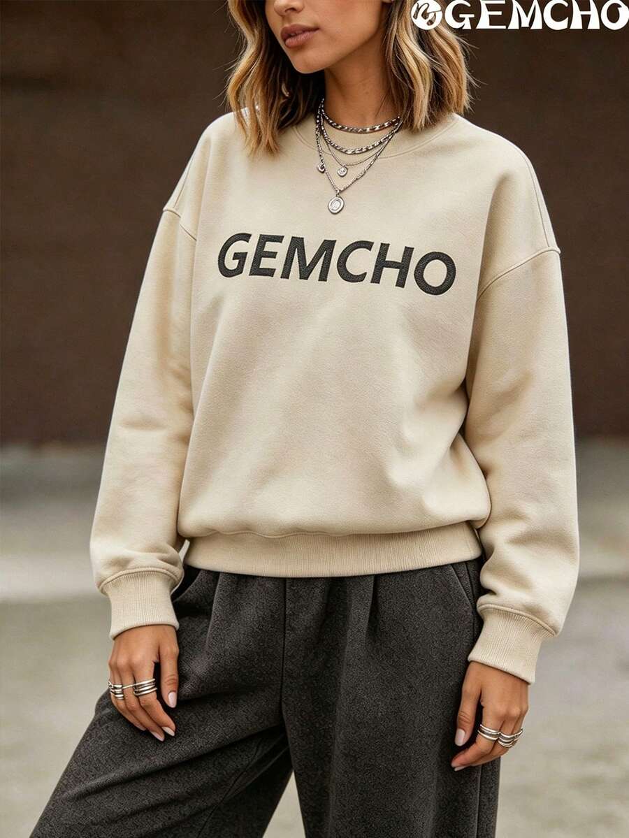 Sudadera de manga larga con cuello redondo y estampado de letras, estilo sencillo para uso diario en primavera/verano - Albaricoque - Ver 1