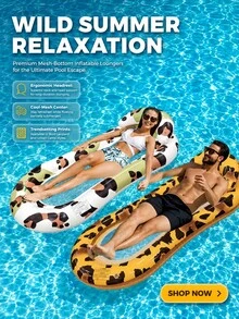 Leopard Print Inflatable Pool Float With Backrest For Relaxing | Pool Lounge Float Inflatable - For Backyard Poolside River Beach Party Men Women Friends Family - Multicolor - View 1