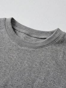 Women's Dark Gray Round Neck Slim Fit Short Long Sleeve T-Shirt, Spring/Autumn Solid Color All-Match Elastic Undershirt, Casual Versatile Top - Dark Grey - View 5