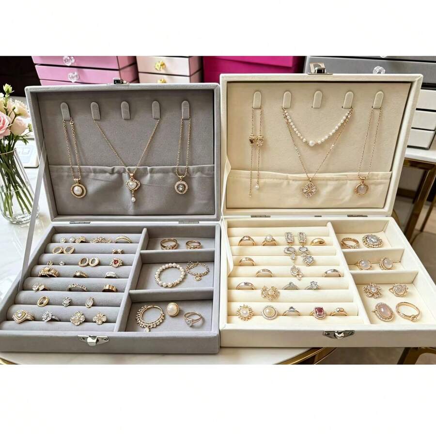 1PC Velvet Jewelry Storage Box, Jewelry Box, Desktop Jewelry Display Tray Box, Multi-Functional Jewelry Rack Travel Jewelry Box, Ring Display Storage Box, Glass Transparent Cover Display Box, Ring Storage Tray, Large Capacity Jewelry Organizer, Earring Storage Box, Gift Box, Collection Box, Wedding Gift Box - Multicolor - View 1