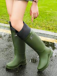 時尚女款高筒彈性袖口雨靴，防水防滑橡膠長筒水鞋，適用洗車、釣魚、廚房、戶外穿著與涉水 - 墨綠色 - 查看 11