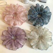 1 pezzo Scrunchie in rete con bordo ondulato, floreale delicato/colore unito, elastico per capelli etereo e soffice da donna, stile Mori coreano, accessorio versatile per capelli per pendolarismo quotidiano, appuntamenti, picnic, uscite, elastici per coda di cavallo - Multicolore - Visualizzare 3