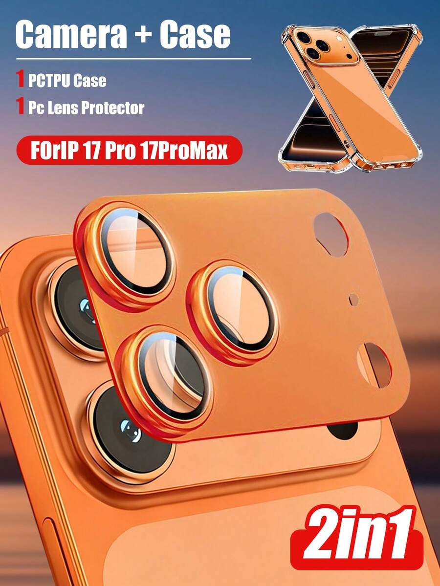 Yezodawee 2in 1 Ser Compatible With IPhone 17 Pro Max Camera Lens Protector + Transparent Phone Case - [Unbreakable] [Strong Adhesion] [Compatible Phone Case] Metal Rear Camera Screen Protector (Orange, Silver, Blue)